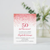 Moderne Coral Red Glitter Confetti 50th Birthday Uitnodiging Briefkaart (Staand voorkant)