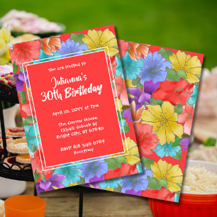 Moderne Coral Red Waterverf Floral 30th Birthday Kaart