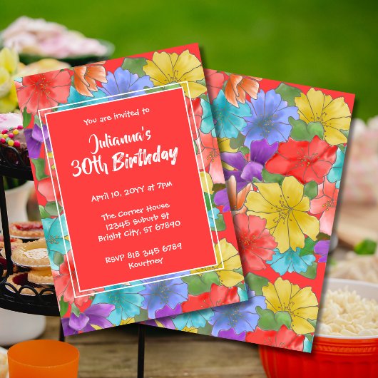 Moderne Coral Red Waterverf Floral 30th Birthday Kaart