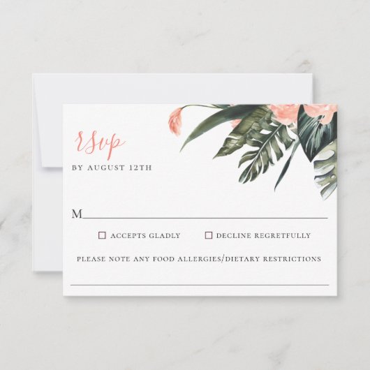 Moderne Coral Tropics Wedding Food Allergy RSVP (Voorkant)
