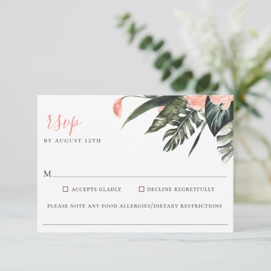 Moderne Coral Tropics Wedding Food Allergy RSVP (Staand voorkant)