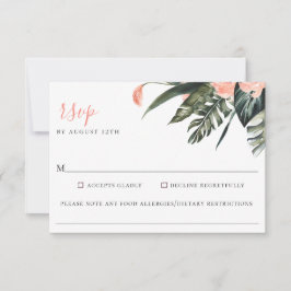 Moderne Coral Tropics Wedding Food Allergy RSVP Kaartje