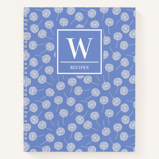 Moderne Cornflower Blue Dandelion Monogram Recipe Notitieboek (Voorkant)