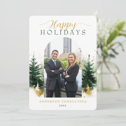 Moderne Corporate Botanical Forest Foto Feestdagenkaart (Staand voorkant)