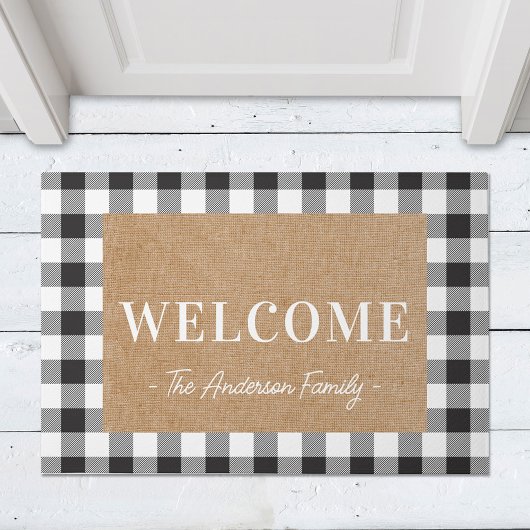 Moderne cottage buffelplaid familienaam welkom deurmat