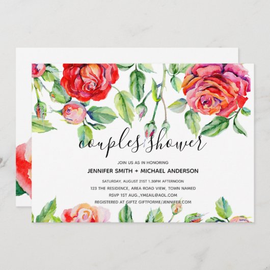 Moderne COUPLES SHOWER Aquarelrozen Handgeschreven Kaart (Voorkant / Achterkant)