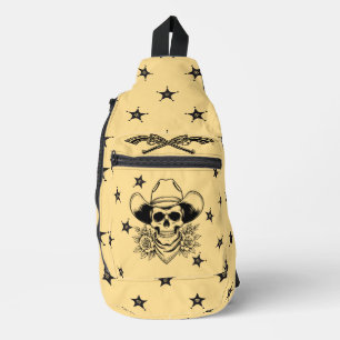Moderne cowboyschedel met pistolen zwart en beige sling bag