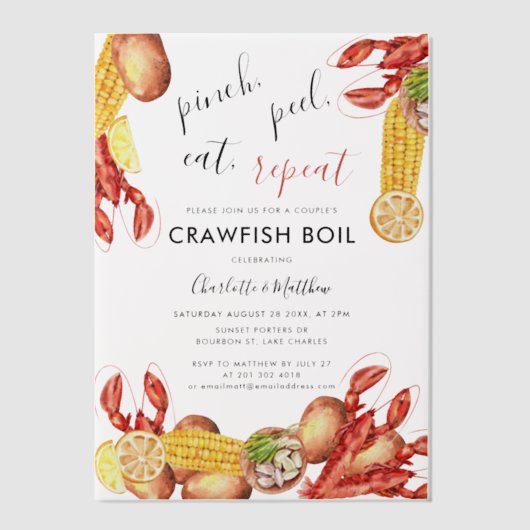 Moderne Crawfish Boil Engagement Party Vellum Uitnodigingen (Voorkant)
