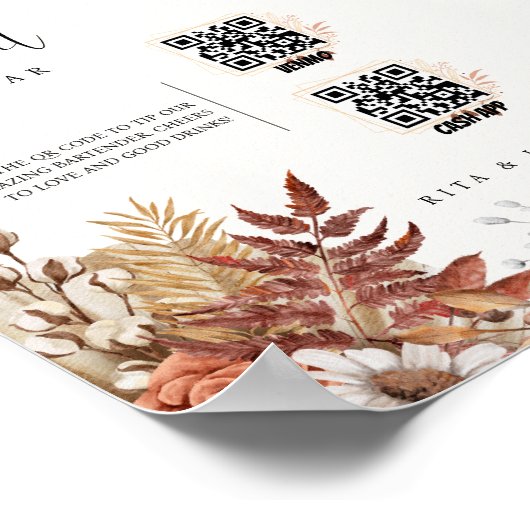 Moderne Cream Boho Tip Uw Bartender Trouwbord Poster (Hoek)