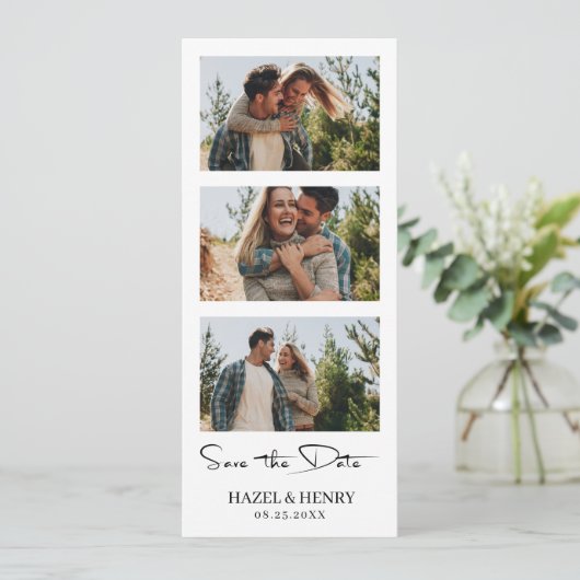 Moderne creatieve fotocabine strip save the date (Staand voorkant)