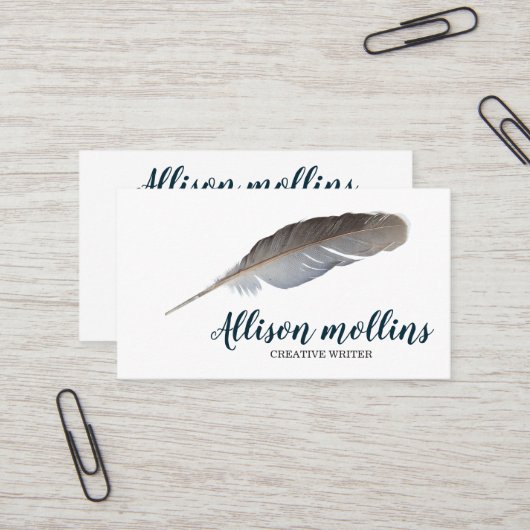 Moderne Creative Writer Feather Logo Visitekaartje (Voorkant / Achterkant in situ)