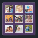 Moderne Creëer Uw Aangepaste Foto Collage Vierkante Klok<br><div class="desc">Creëer uw eigen gepersonaliseerde 9 foto'sInstagram fotocollage muurklok met uw aangepaste afbeeldingen op een moderne paarse achtergrond. Voeg uw favoriete foto's, design of kunstwerken toe aan iets echt unieks te creëer. Om deze sjabloon van het ontwerp uit te geven, upload eenvoudig uw eigen afbeelding zoals hierboven getoond. Behandel jezelf of...</div>