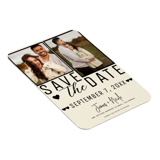 Moderne Crème Bewaar de Datum 2 Foto Bruiloft Magneet (Rechterzijde)