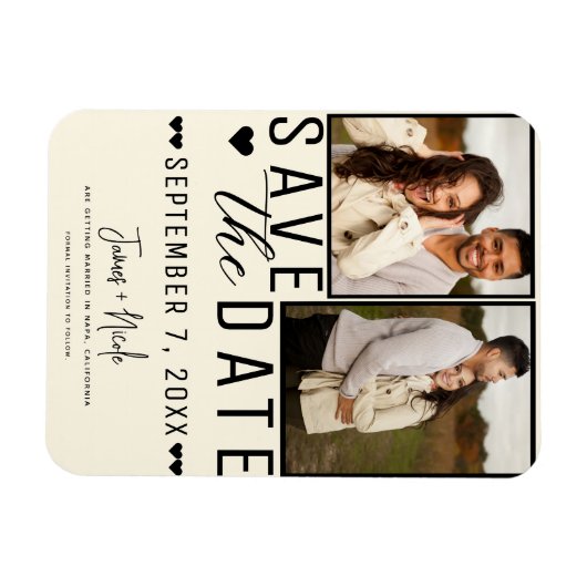 Moderne Crème Bewaar de Datum 2 Foto Bruiloft Magneet (Horizontaal)