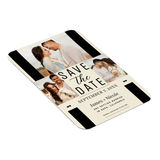 Moderne Crème Bewaar de Datum 3 Foto Bruiloft Magneet (Rechterzijde)