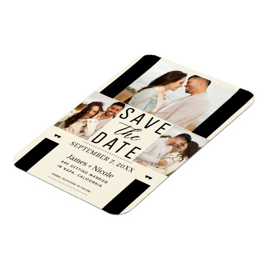 Moderne Crème Bewaar de Datum 3 Foto Bruiloft Magneet (Linkerzijde)