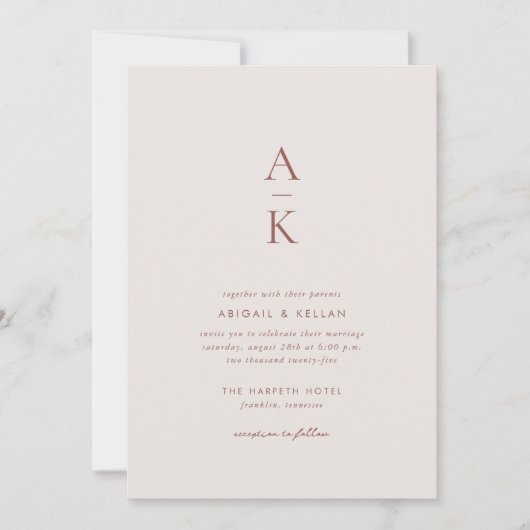 Moderne Crème Bruin Monogram Aarde Toon bruiloft Kaart (Voorkant)