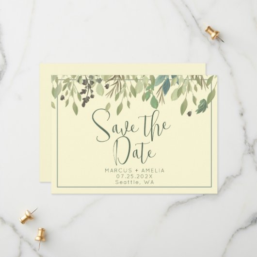 Moderne crème en eucalyptus sla de datum op save the date (Voorkant / Achterkant in situ)