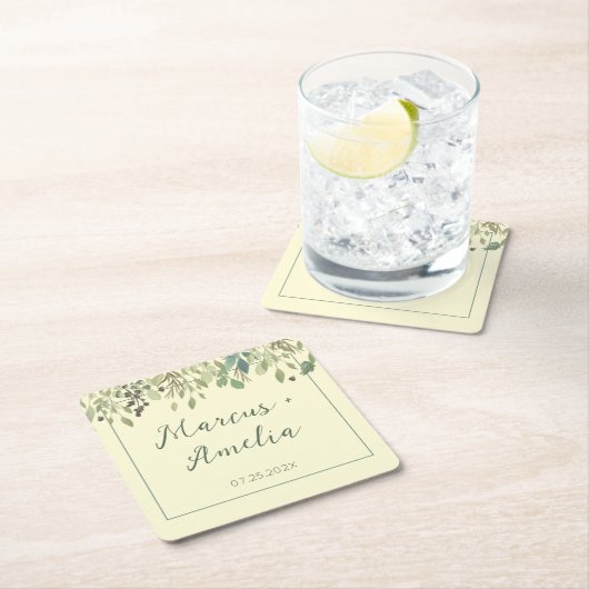 Moderne crème- en eucalyptusbruiloft kartonnen onderzetters (Insitu)