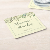 Moderne crème- en eucalyptusbruiloft kartonnen onderzetters (Schuin)