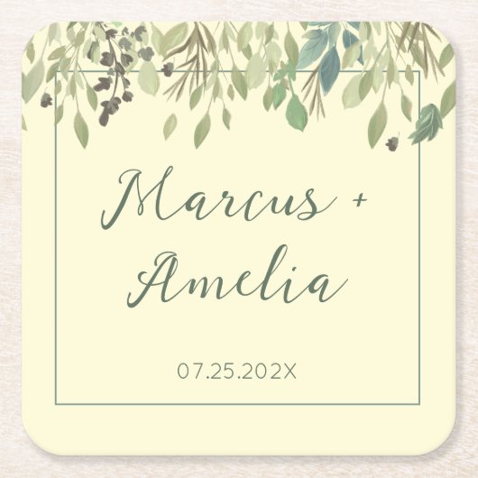 Moderne crème- en eucalyptusbruiloft kartonnen onderzetters (Voorkant)