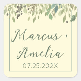 Moderne crème- en eucalyptusbruiloft vierkante sticker