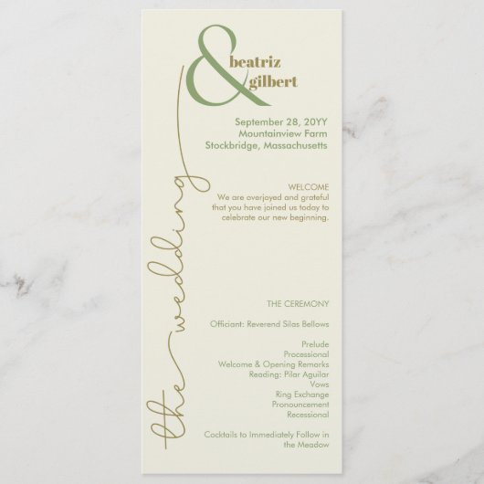 Moderne crème en groen minimalistisch huwelijkspro (Voorkant)