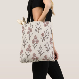 Moderne Crème en Stof Roze Bloemige Tote Tas