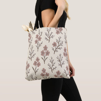 Moderne Crème en Stof Roze Bloemige Tote Tas