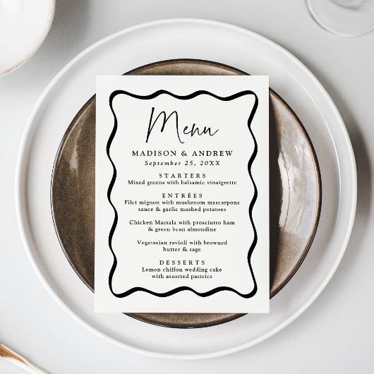 Moderne Crème en Zwarte Golvende Lijst Bruiloft Menu