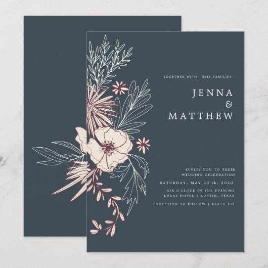 moderne crème florale bruiloft kaart (Voorkant / Achterkant)