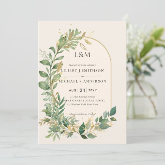 Moderne Crème Gouden Groene Bloemige Bruiloft Kaart (Staand voorkant)