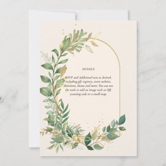 Moderne Crème Gouden Groene Bloemige Bruiloft Kaart (Achterkant)