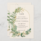 Moderne Crème Gouden Groene Bloemige Bruiloft Kaart (Voorkant / Achterkant)