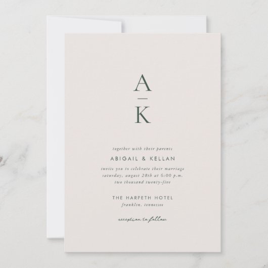 Moderne Crème Groene Monogram Aarde Toon bruiloft Kaart (Voorkant)