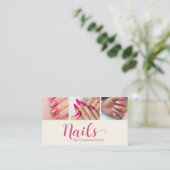 Moderne Crème Roze Script 3 Foto Nagel QR Code Visitekaartje (Staand voorkant)