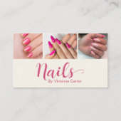 Moderne Crème Roze Script 3 Foto Nagel QR Code Visitekaartje (Voorkant)