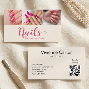 Moderne Crème Roze Script 3 Foto Nagel QR Code Visitekaartje