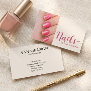 Moderne Crème Roze Script Foto Nagel Kunstenaar Sa Visitekaartje