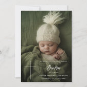 Moderne Crème Wit Script Boy Meisje Foto Doop Kaart (Voorkant)