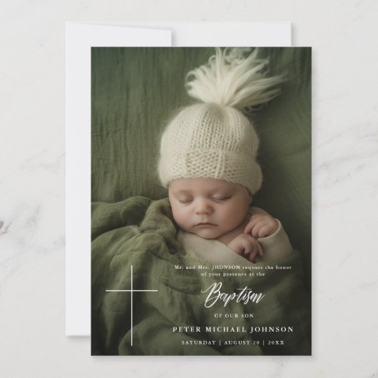 Moderne Crème Wit Script Boy Meisje Foto Doop Kaart (Voorkant)