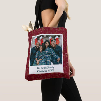 Moderne Crimson Red Kerstboom & Groeten Tote Bag