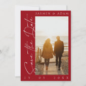 Moderne Crimson Red Script Typografie Foto Bruilof Save The Date (Voorkant)
