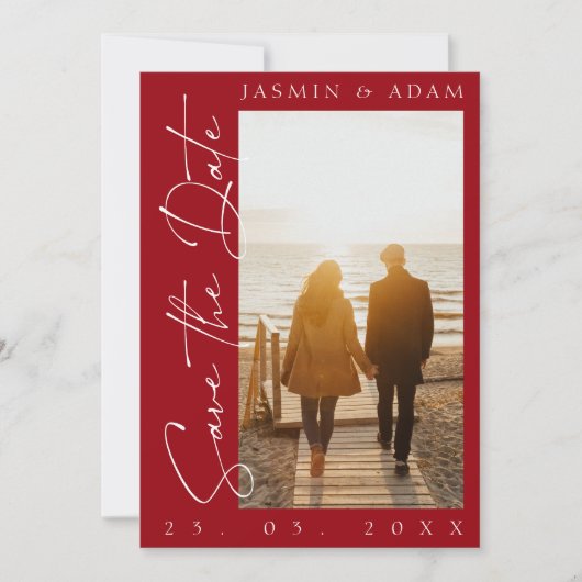 Moderne Crimson Red Script Typografie Foto Bruilof Save The Date (Voorkant)