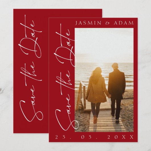 Moderne Crimson Red Script Typografie Foto Bruilof Save The Date (Voorkant / Achterkant)