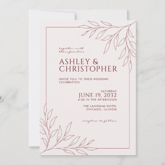 Moderne Crimson Rood Bladgroen Omtrek Bruiloft Kaart (Voorkant)