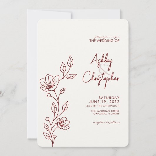 Moderne Crimson Rood Bladgroen Omtrek Bruiloft Kaart (Voorkant)