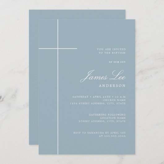 Moderne Cross Blue Boy doop Kaart (Voorkant / Achterkant)