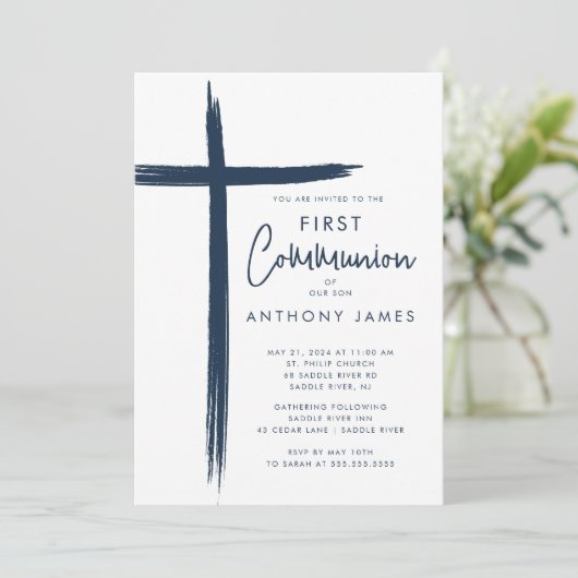 Moderne Cross Boys Eerste Communie Kaart (Staand voorkant)