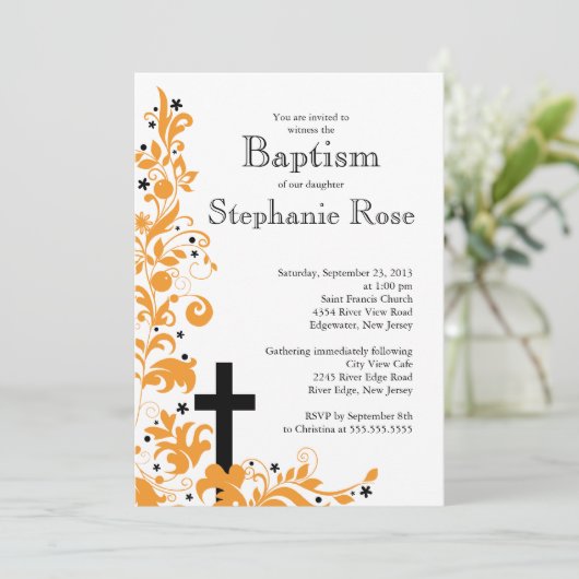 Moderne Cross-Oranje Baptisme-uitnodiging Kaart (Staand voorkant)